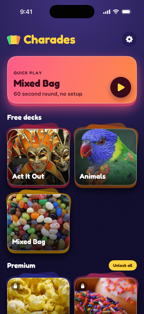 The Charades home screen: a pink Quick Play card for a 60-second Mixed Bag round, the free decks Act It Out, Animals and Mixed Bag as photo cards, and the Premium decks below with lock badges and an Unlock all button.