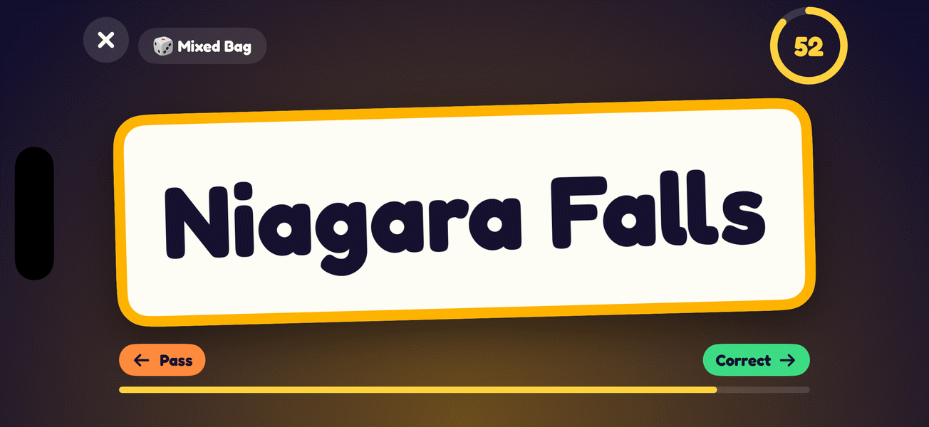 A round in landscape: the words Niagara Falls on a paper card with an amber Mixed Bag border, 52 seconds left on the timer ring, Pass and Correct hints on either side, and the time bar draining underneath.