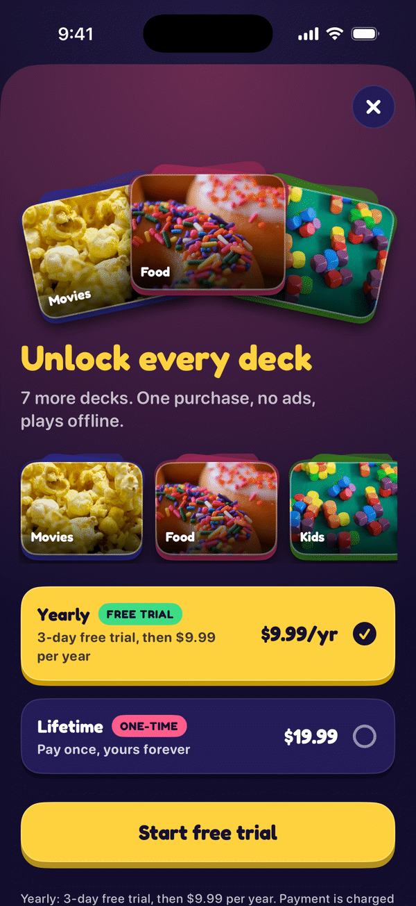 The unlock screen: the Movies, Food and Kids covers fanned out above the heading Unlock every deck, a selected Yearly plan with a 3-day free trial at $9.99 a year, a one-time Lifetime plan at $19.99, and a Start free trial button.